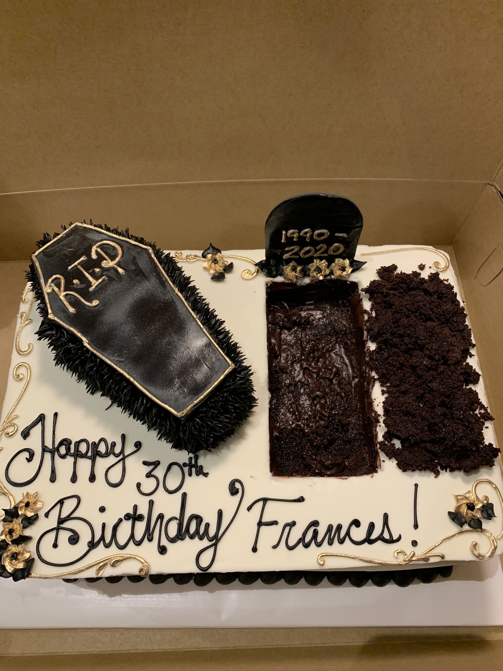 a birthday cake for frances with a coffin and grave