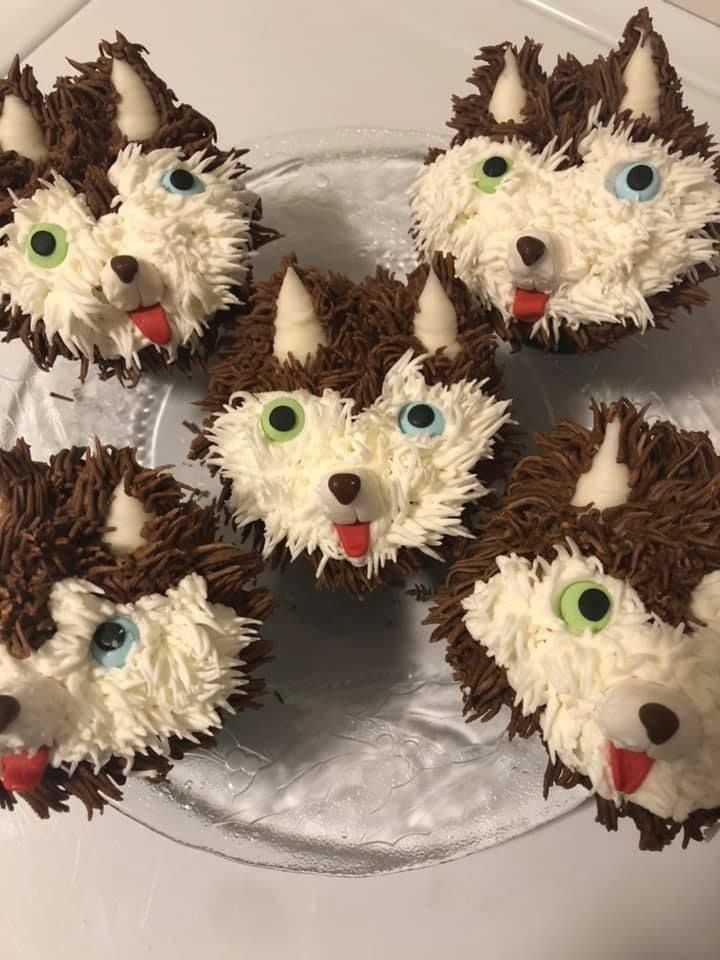 a group of cupcakes decorated to look like husky heads on a plate .