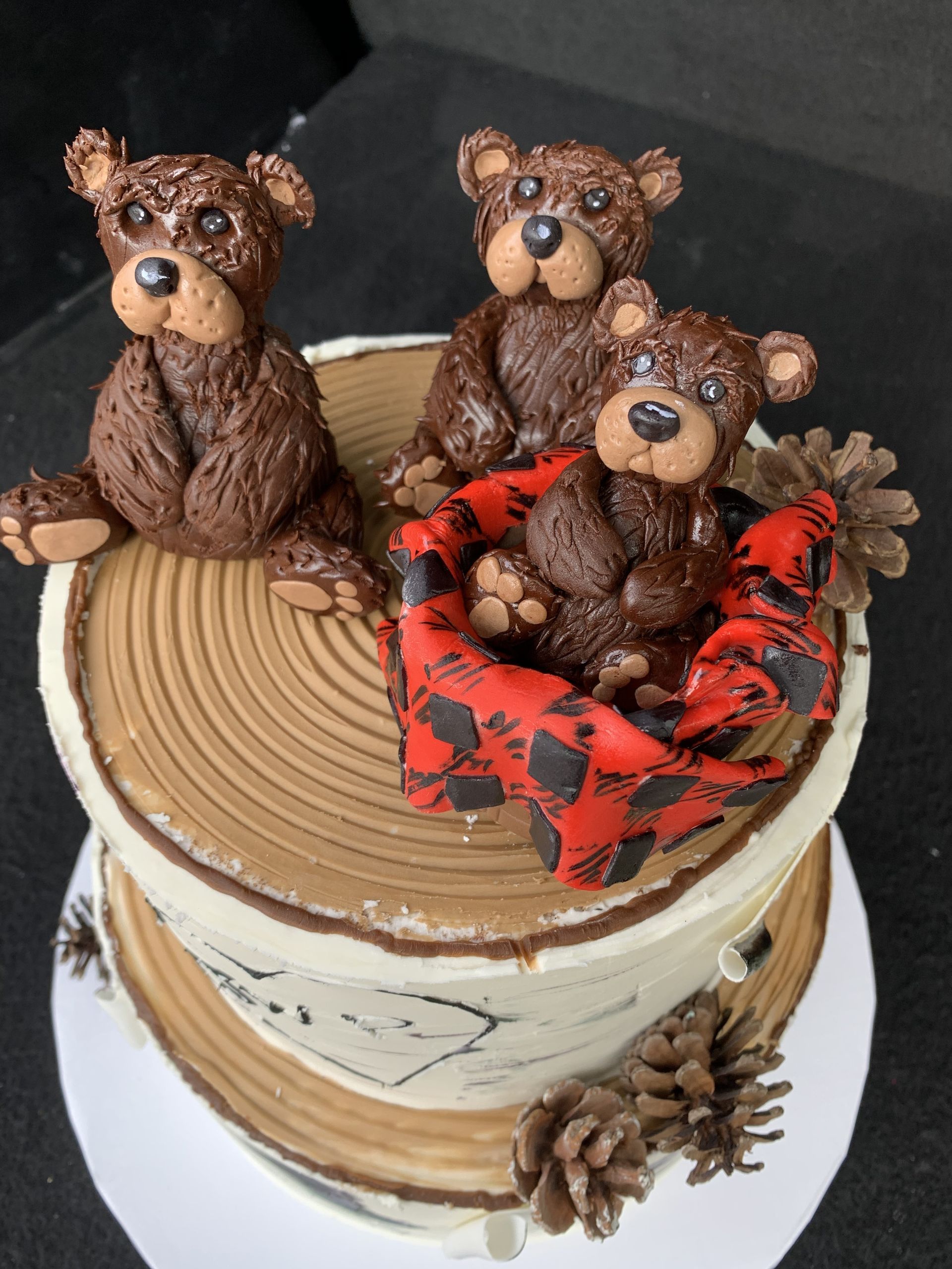 a cake with three teddy bears on top of it