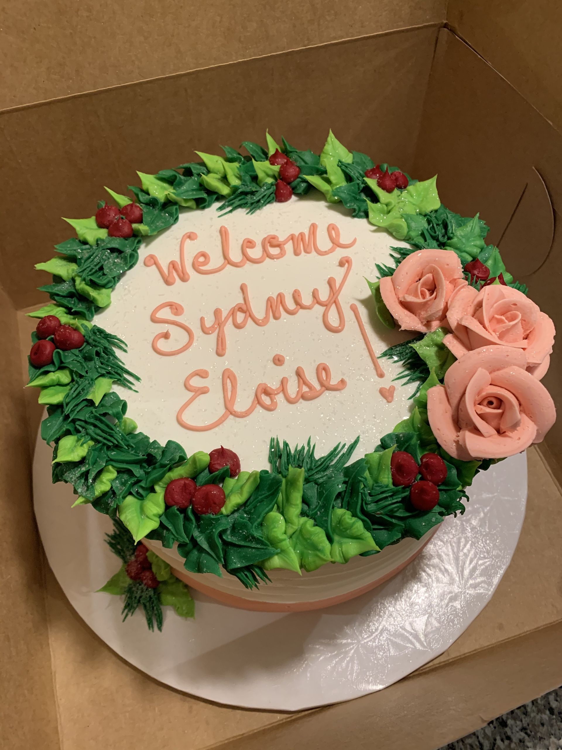 a cake that says welcome sydney eloise on it