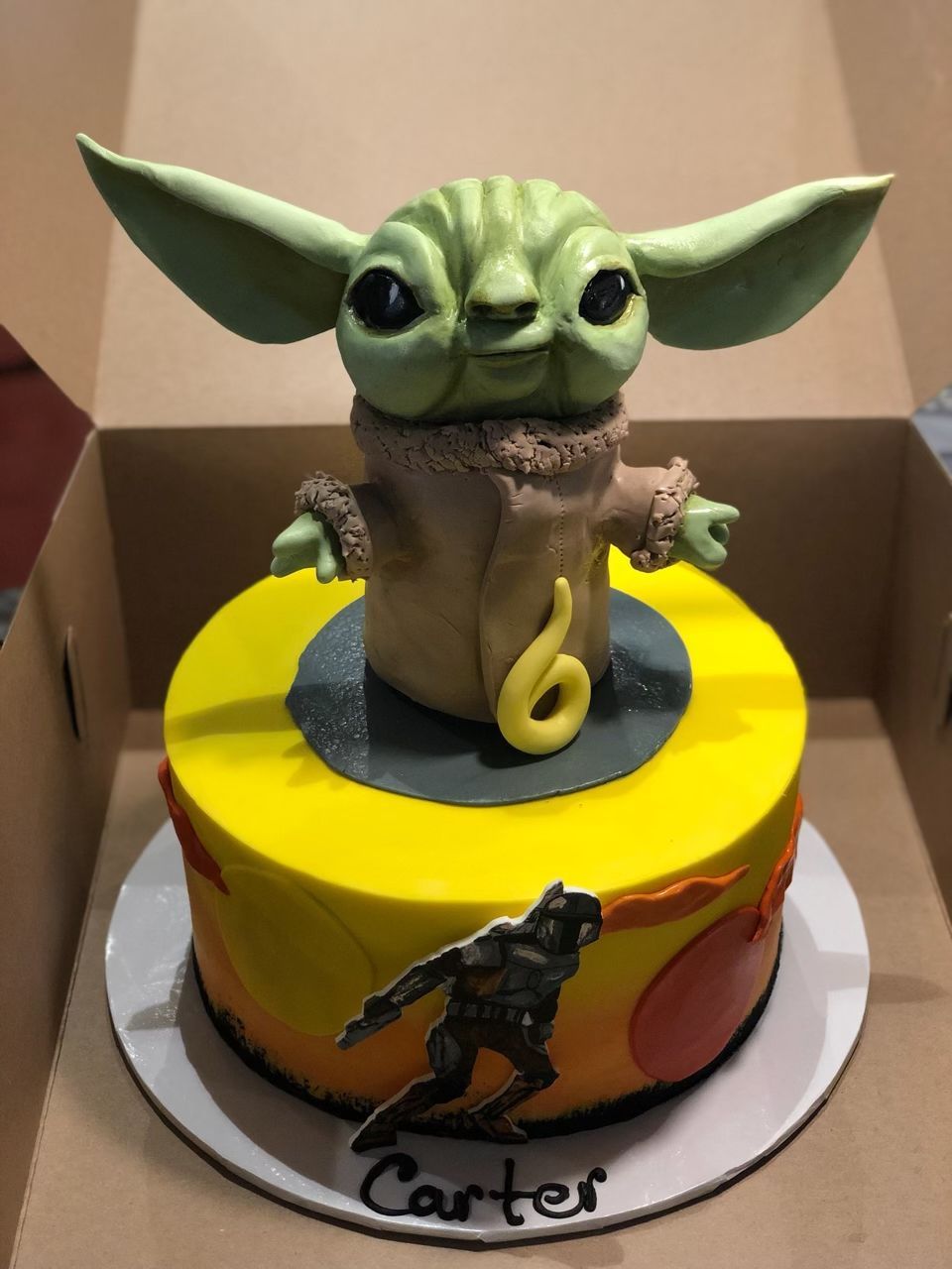 a cake with a baby yoda on top of it