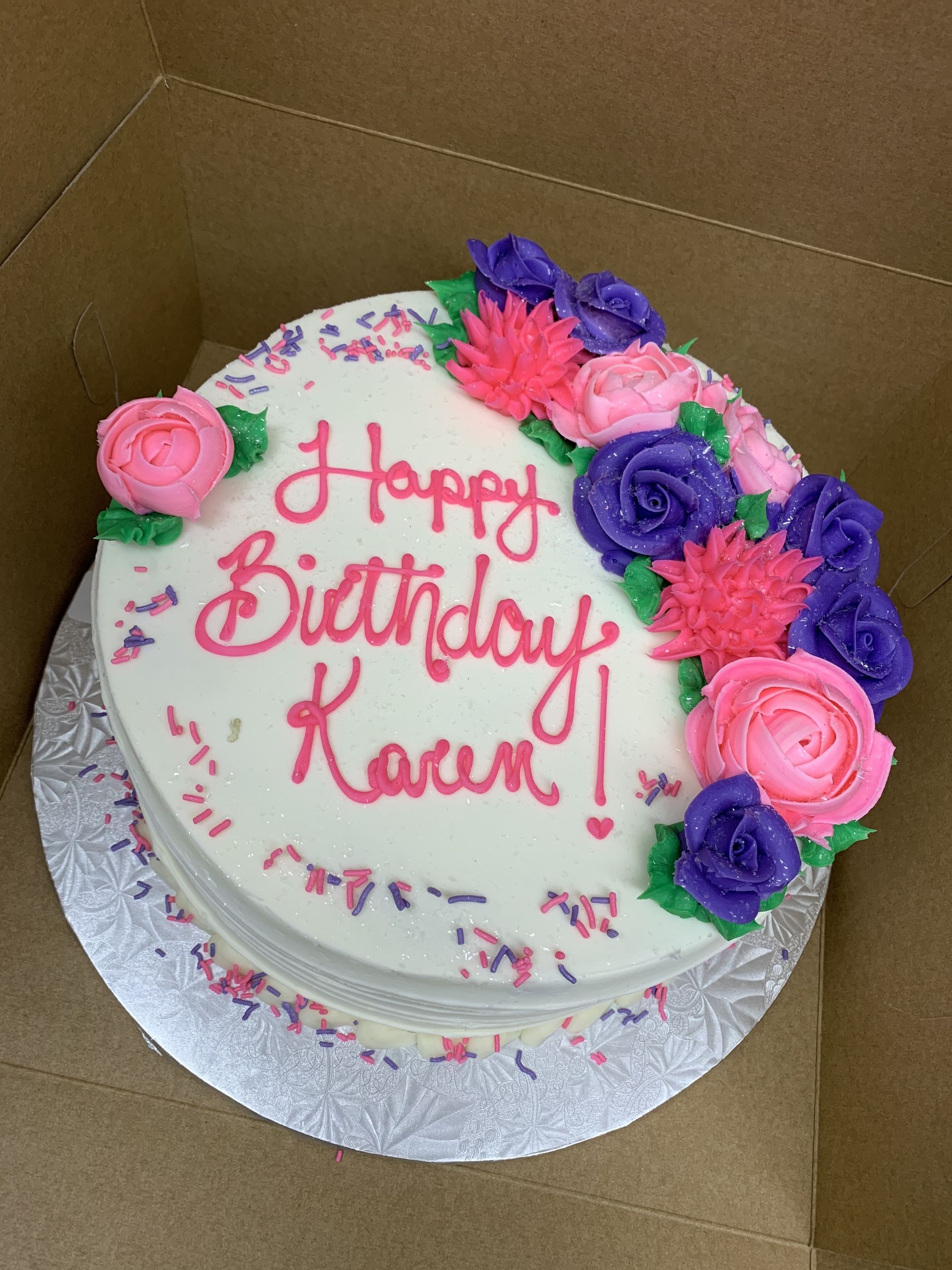 a birthday cake that says happy birthday karen on it