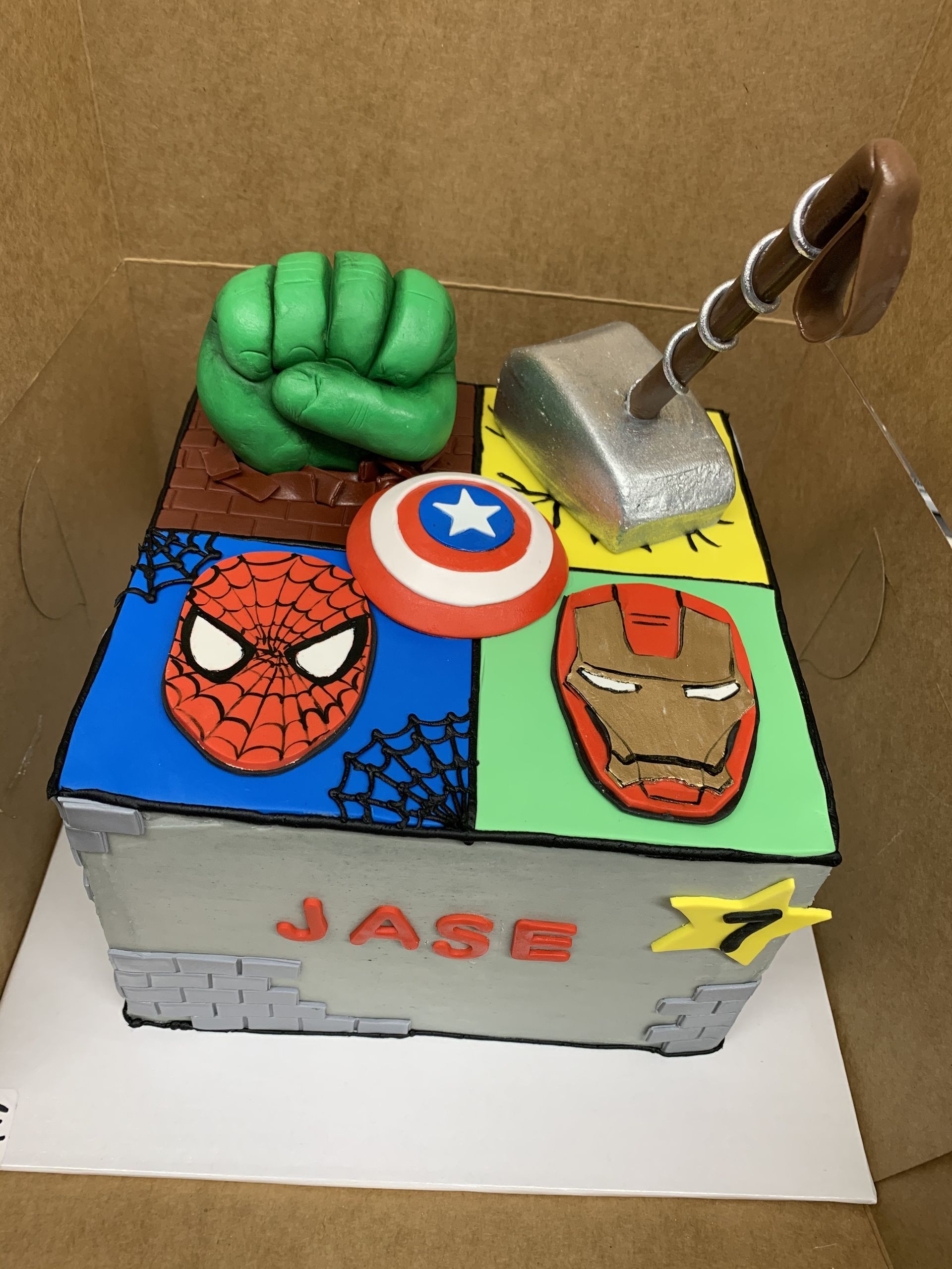 a cake with hulk captain america and iron man on it