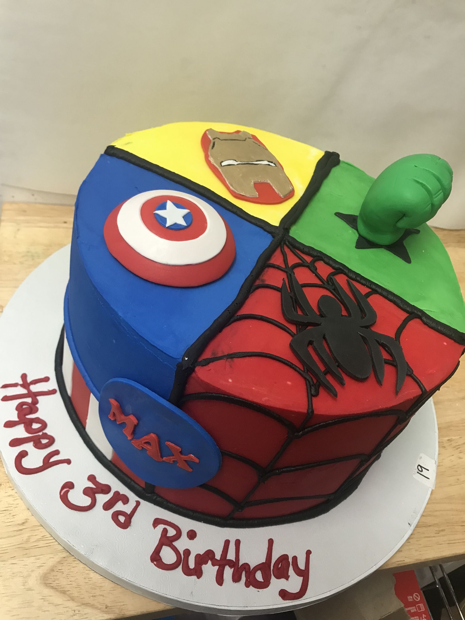 a birthday cake with captain america iron man hulk and spider man on it