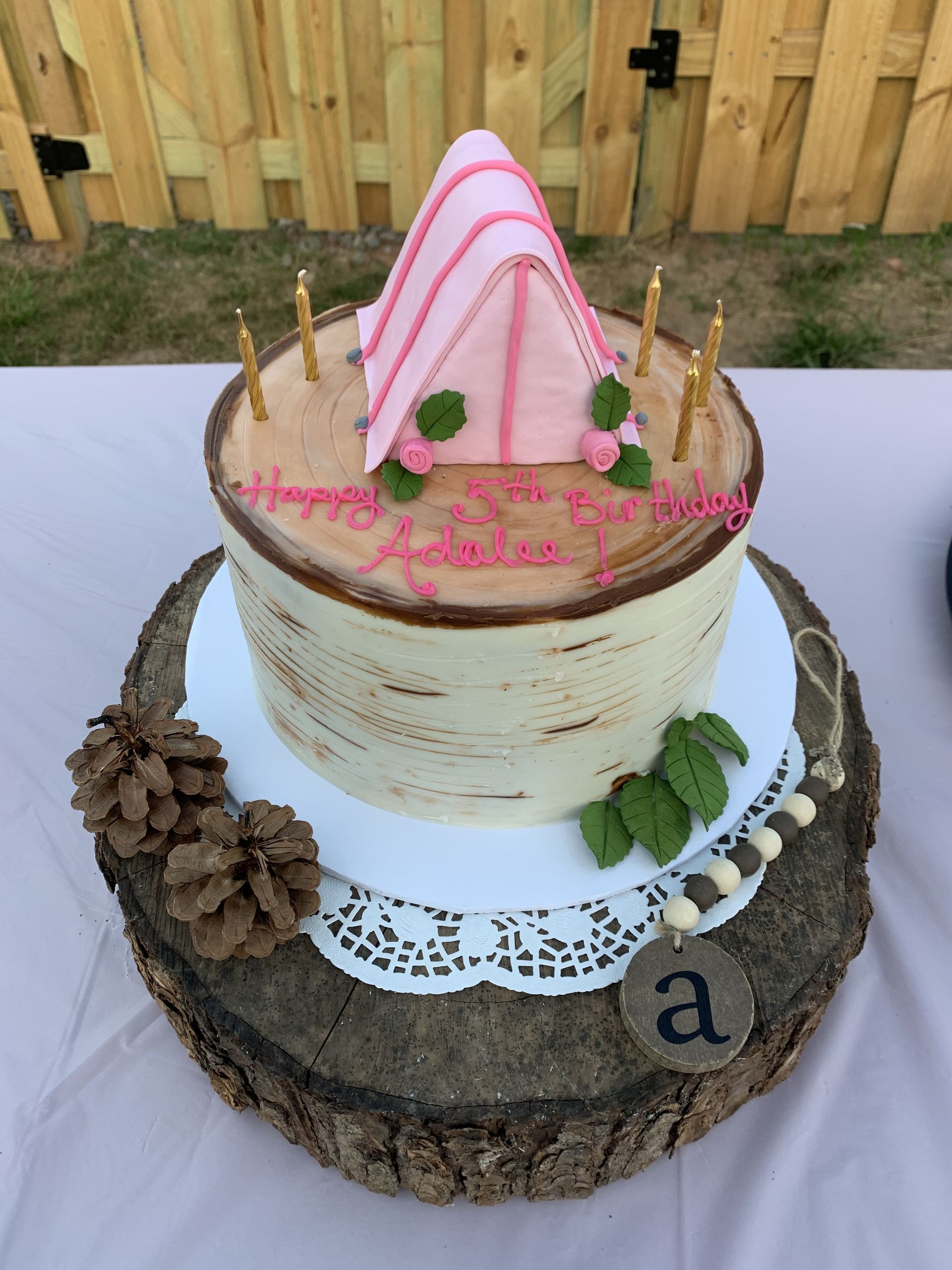 a birthday cake with a tent on top of it