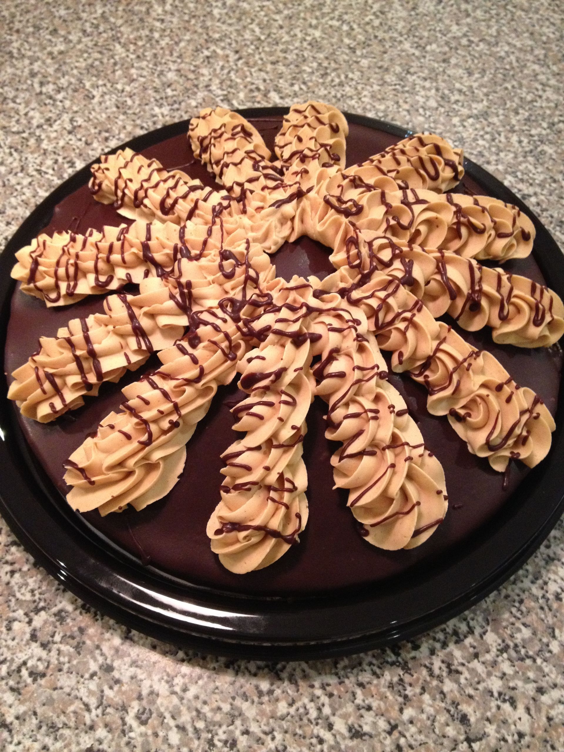 a chocolate cake with peanut butter frosting and chocolate drizzle