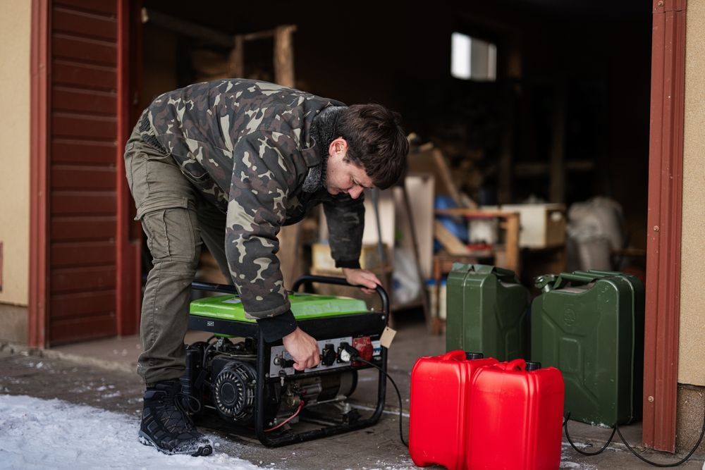 A man is working on a generator in a garage.