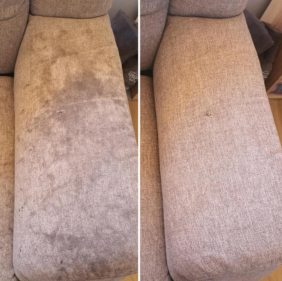 A before and after picture of a couch that has been cleaned — Carpet Cleaning in Maitland, NSW