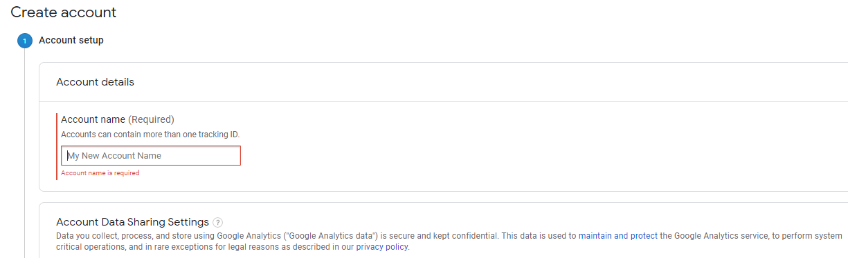 google analytics set up account name creation