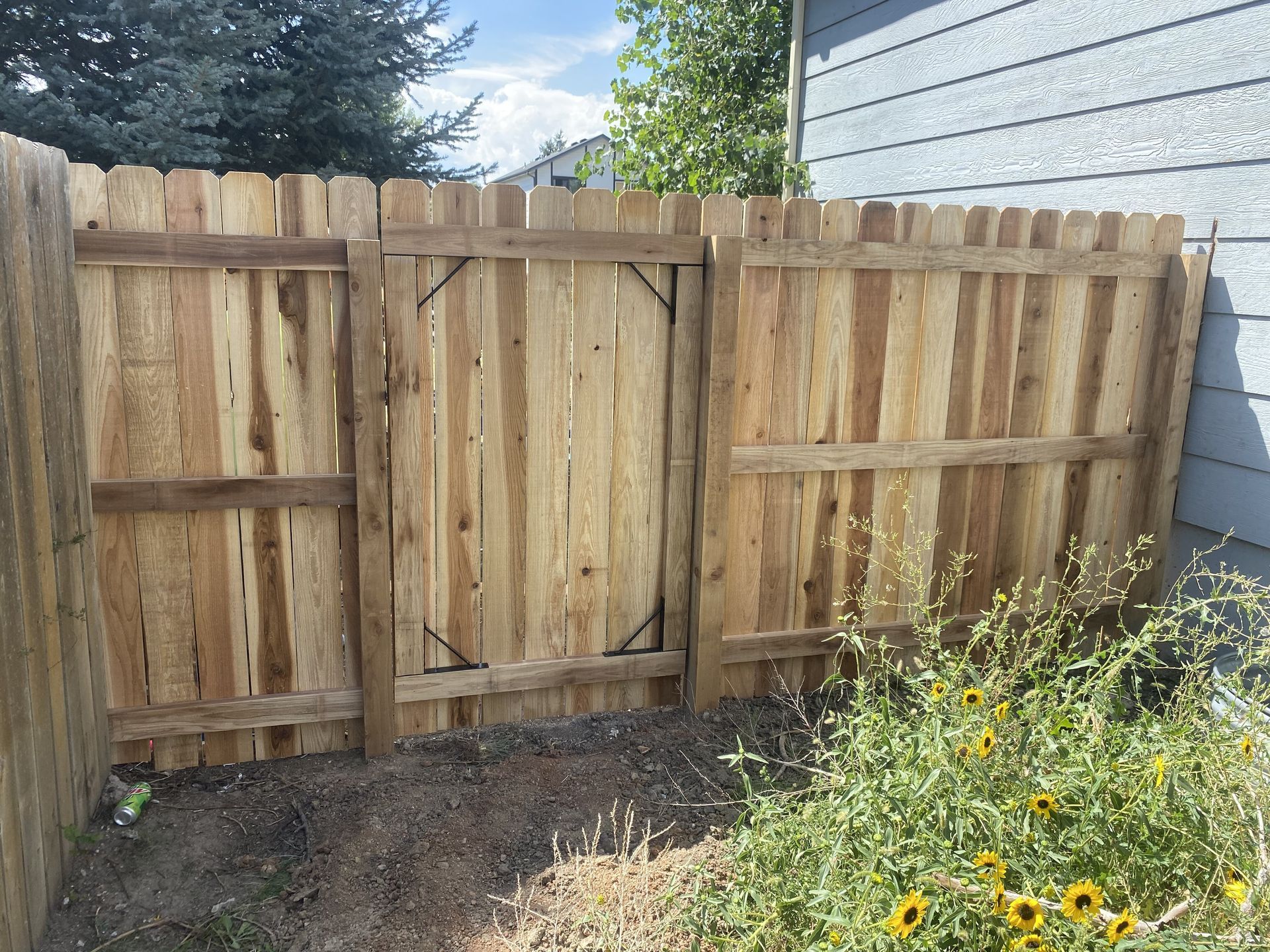 A wooden fence with a gate in the backyard of a house.
