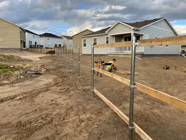 A wooden fence is being built in front of a house.