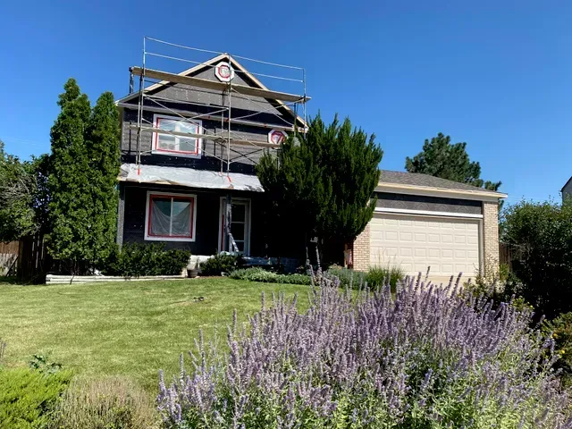 A house with scaffolding on the side of it and purple flowers in front of it.