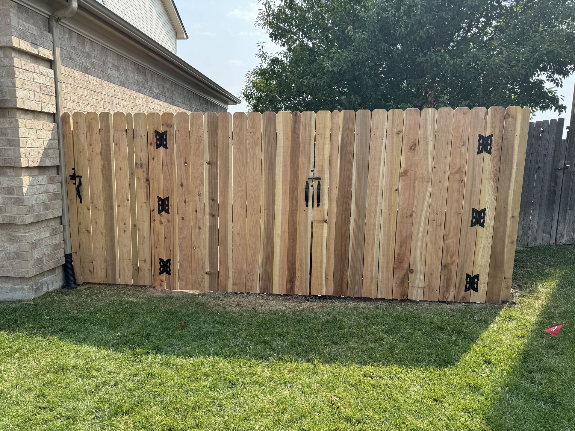A wooden fence with a gate in the backyard of a house.