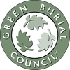 A green burial council logo with three leaves in a circle.