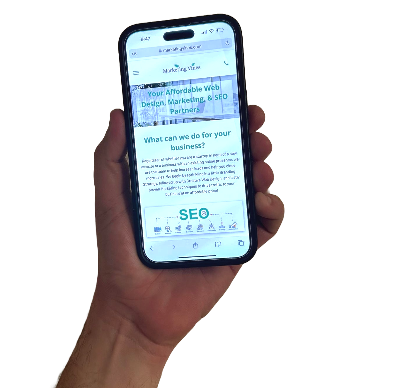 A hand is holding a cell phone with the word seo on the screen.