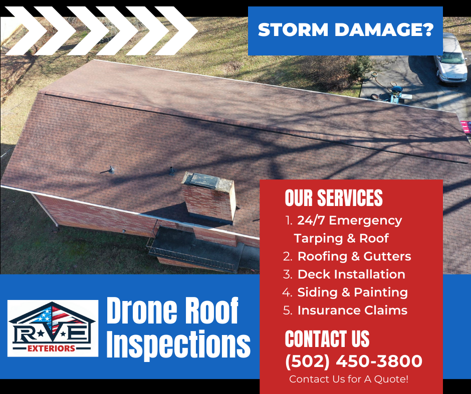 An advertisement for drone roof inspections shows an aerial view of a roof