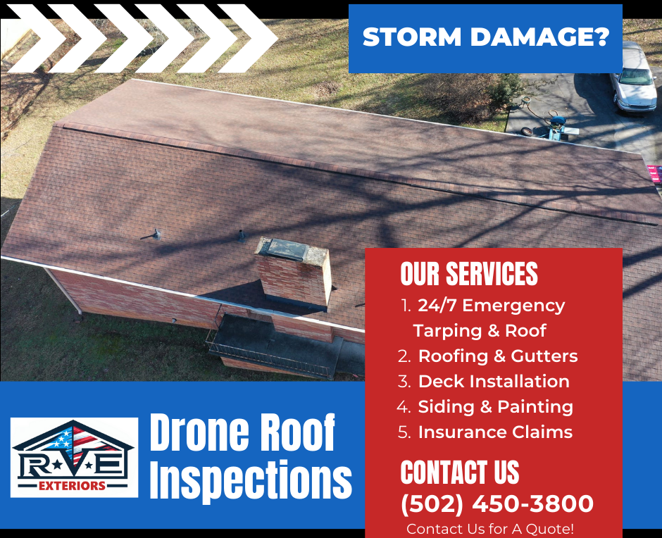 An advertisement for drone roof inspections shows an aerial view of a roof