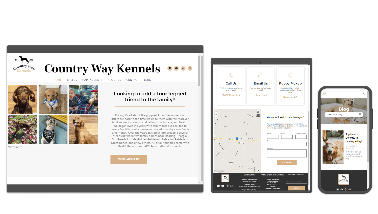 A website for country way kennels is displayed on a tablet and phone