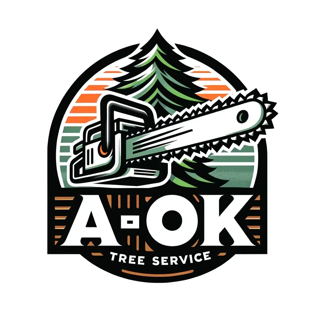 A logo for a tree service company with a chainsaw and a tree.