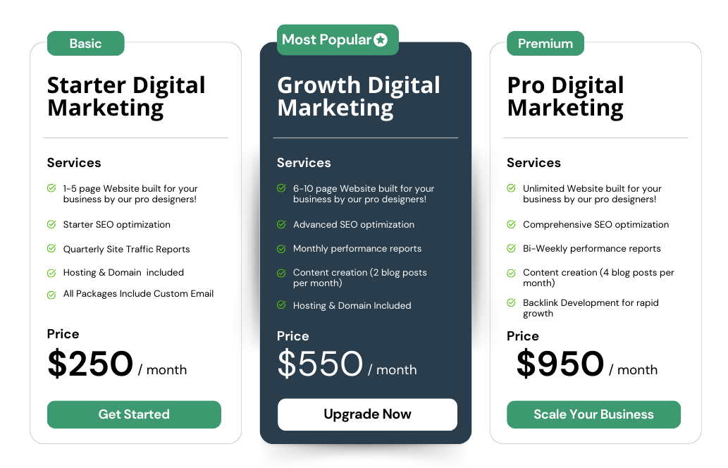 A pricing table for starter digital marketing growth digital marketing and pro digital marketing