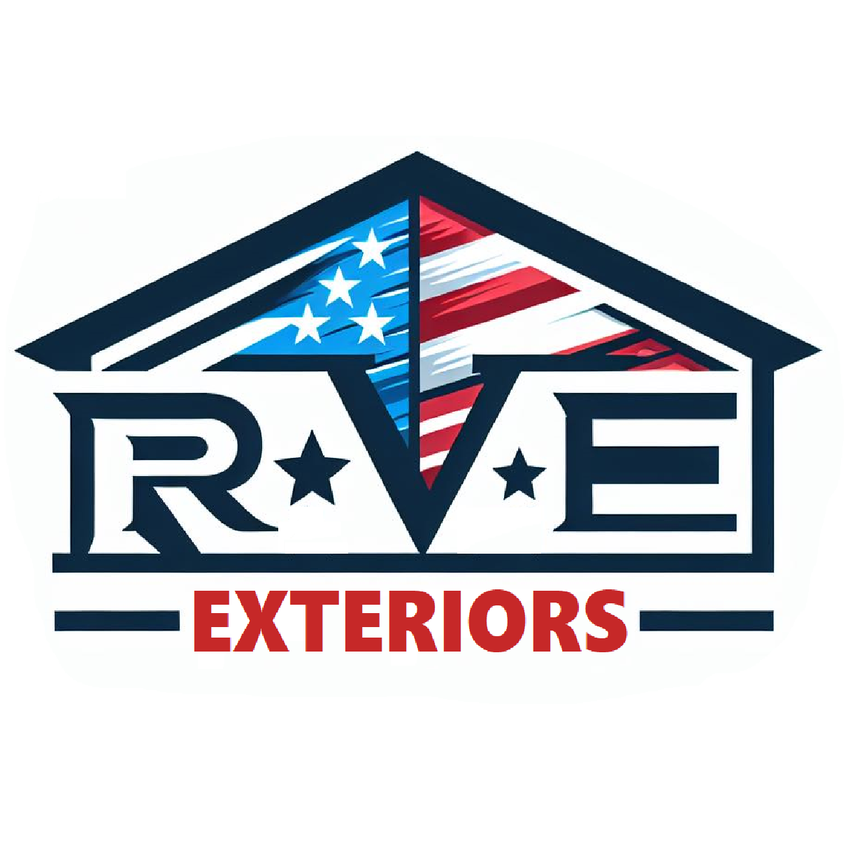 A logo for a company called rave exteriors with an american flag on the roof.