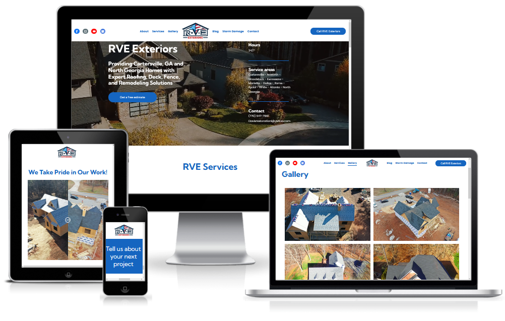 A computer , tablet , laptop , and cell phone displaying a website.