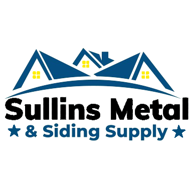The logo for sullins metal and siding supply shows a house with a blue roof.