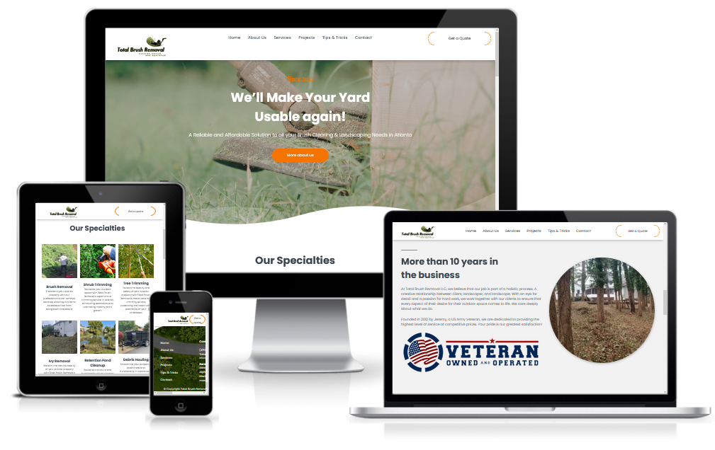 A computer , tablet , phone and laptop are displaying a website.