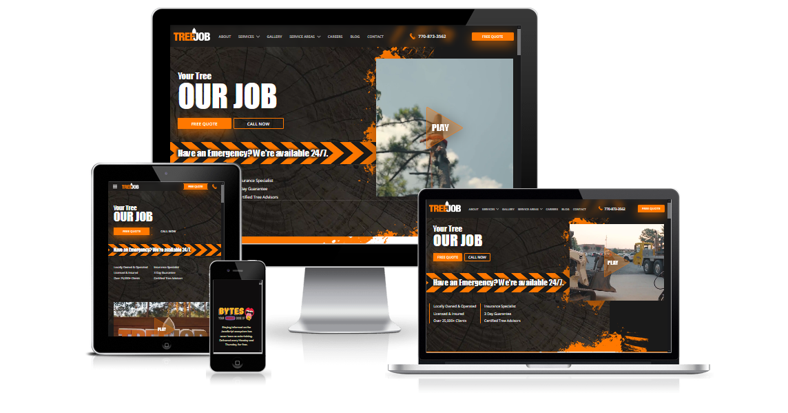 A computer , tablet , phone and laptop are displaying a website called our job.