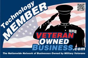 A veteran owned business logo with a soldier saluting