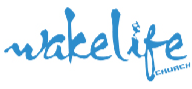 A blue logo for wakelife church on a white background