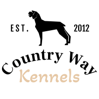 A logo for country way kennels with a silhouette of a dog
