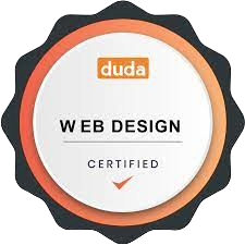 A badge that says duda web design certified on it.