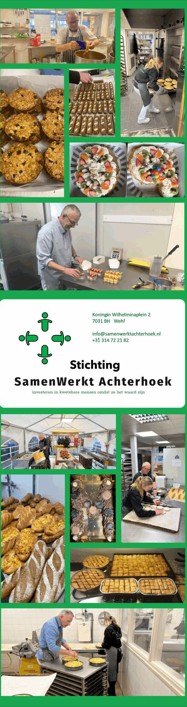 Groene banner met foto's van gebak en mensen die in een keuken werken, inclusief tekst in het Duits.