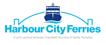 A logo for harbour city ferries with a ship on it