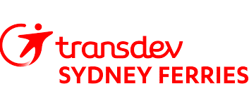 The logo for transdev sydney ferries is red on a white background.