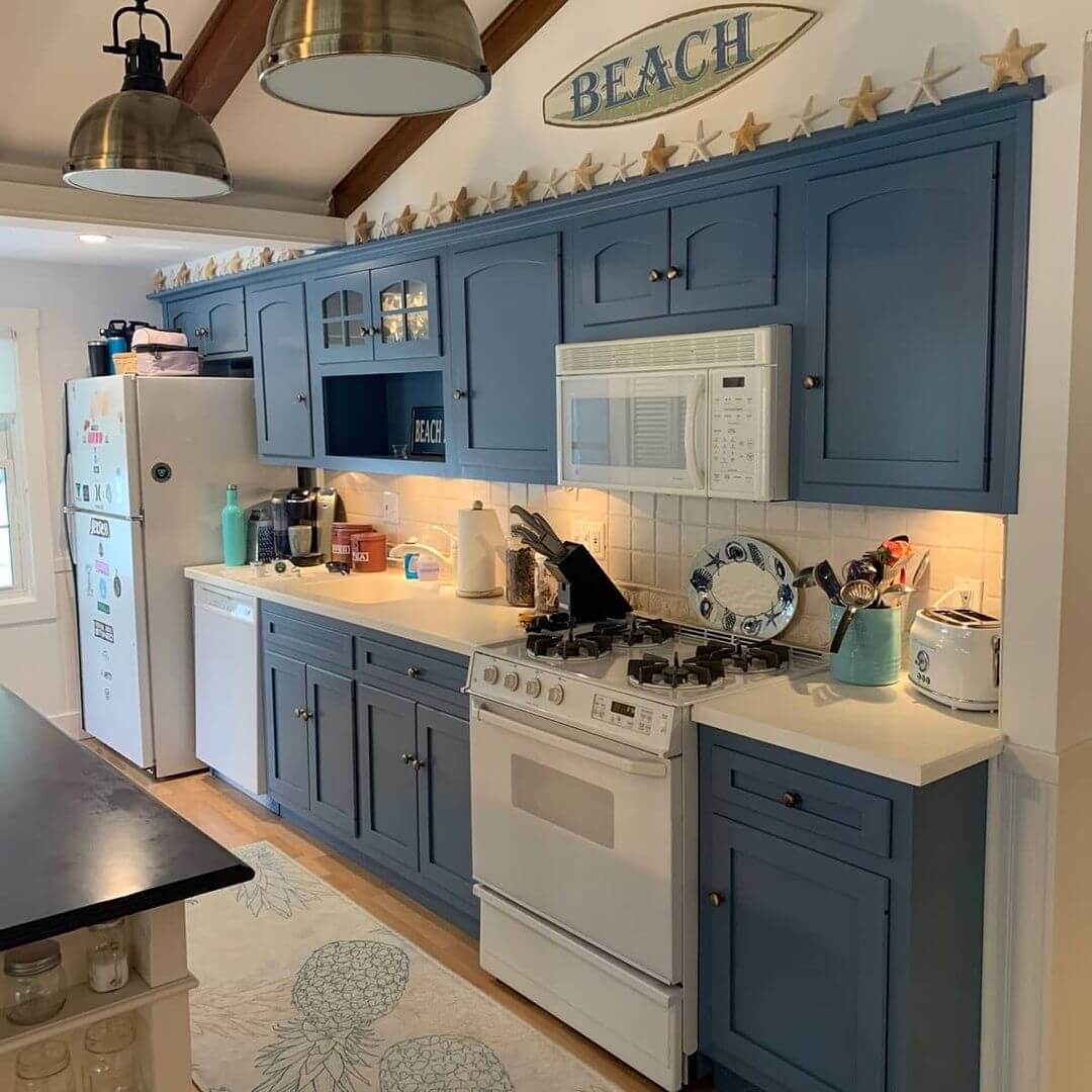 Blue refinished beach kitchen cabinets