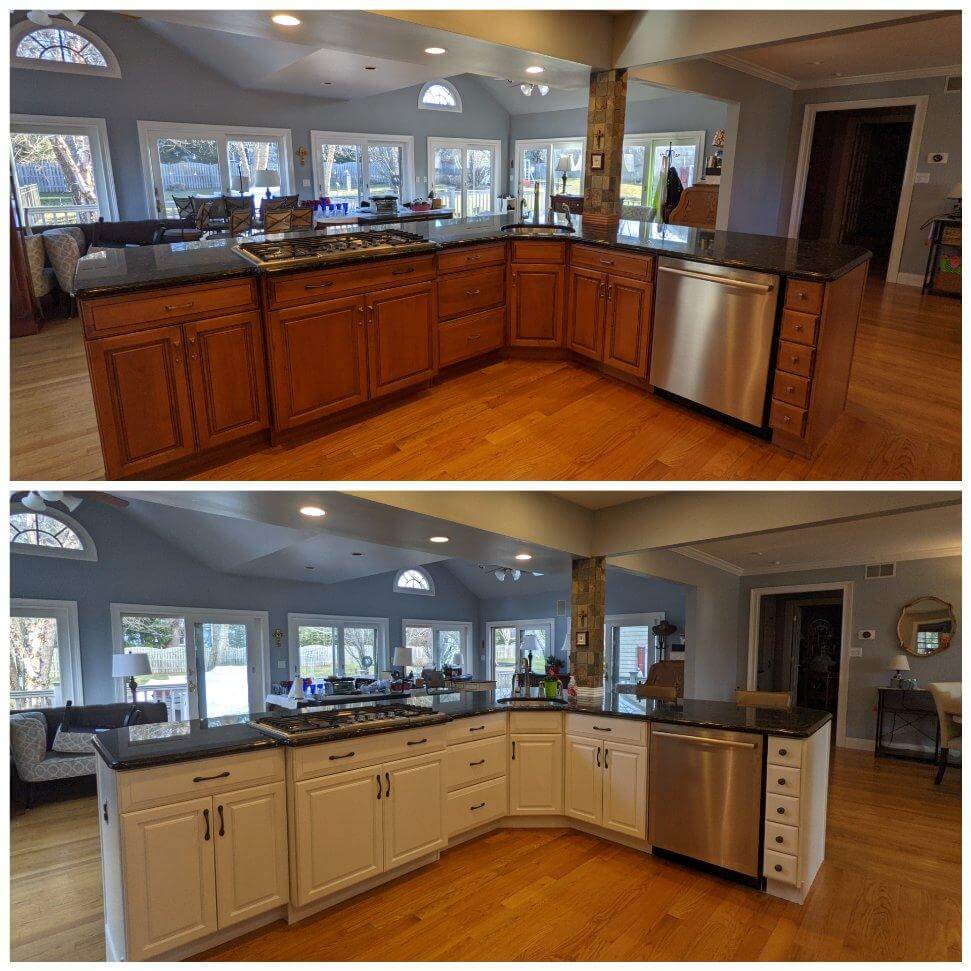 Before and after shot of refinished kitchen cabinets to match newly painted gray walls