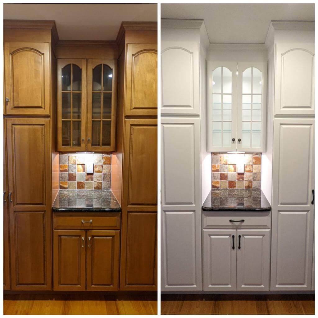 Before and after of cabinets refinished by Oceanside: outdated brown wood on the left and refinished clean white cabinets on the right