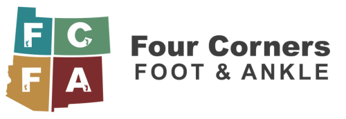 The logo for four corners foot and ankle shows a map of a state.