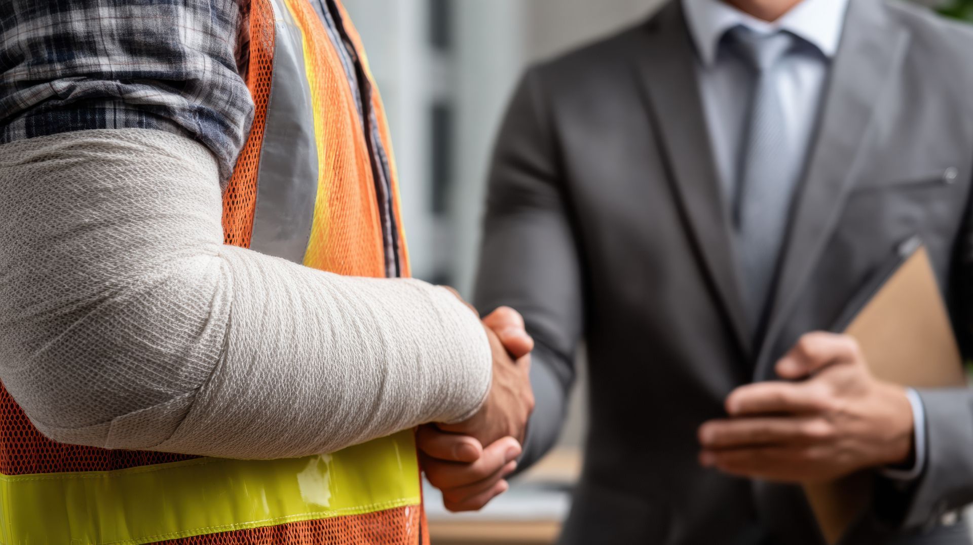 A worker with a bandaged arm and hi-vis vest shaking hands with a suited attorney holding a folder. A worker with a bandaged arm and hi-vis vest shaking hands with a suited attorney holding a folder.