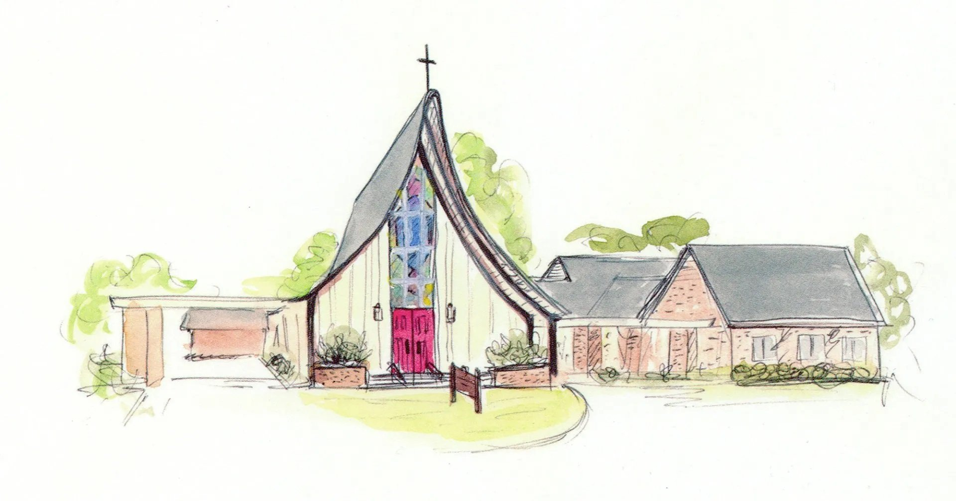 Pen and Ink drawing of the exterior of the Episcopal Church of the Redeemer in Ruston, Louisiana