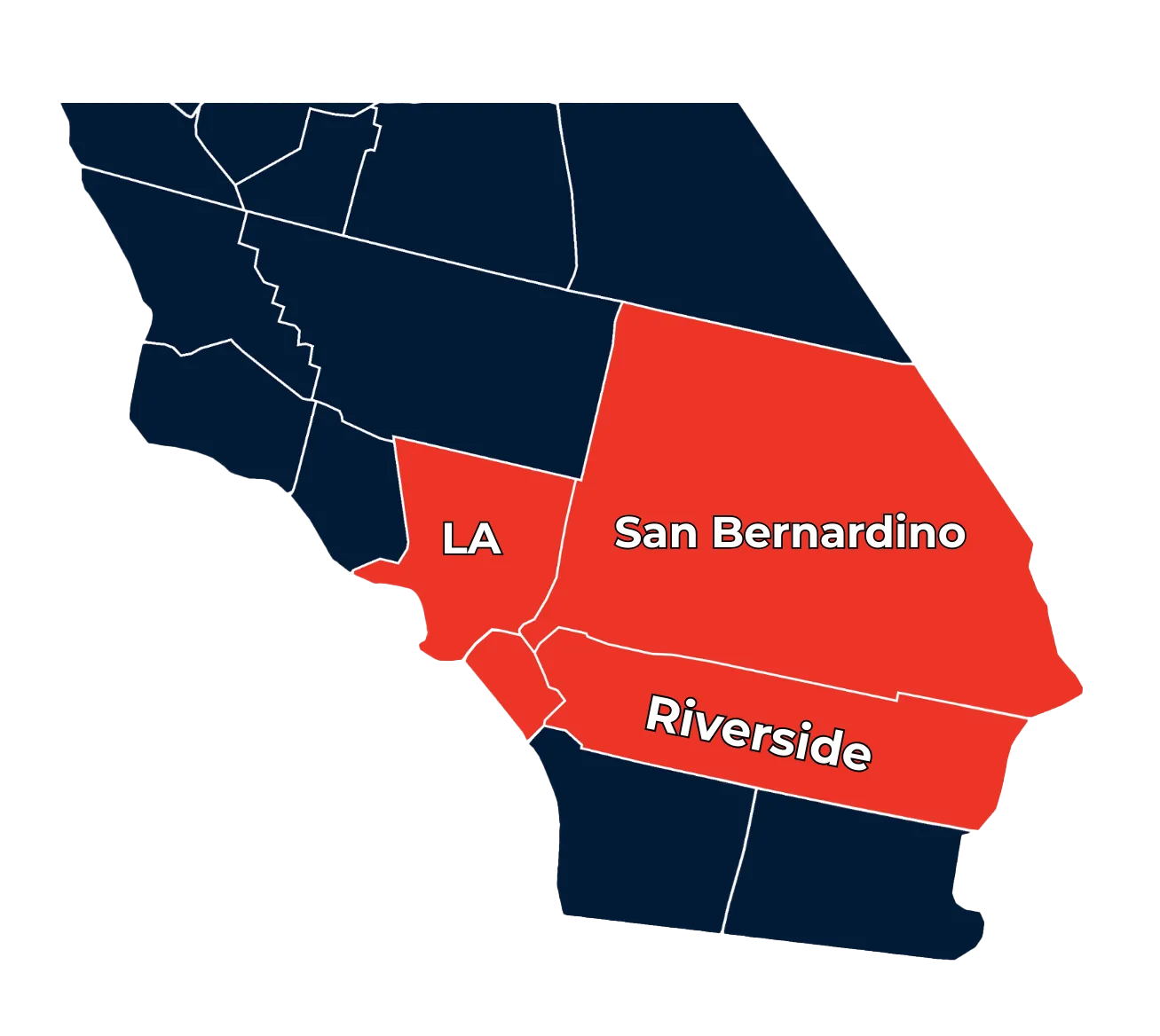 Map of California highlighting Los Angeles, San Bernardino, and Riverside counties in red, rest in blue.