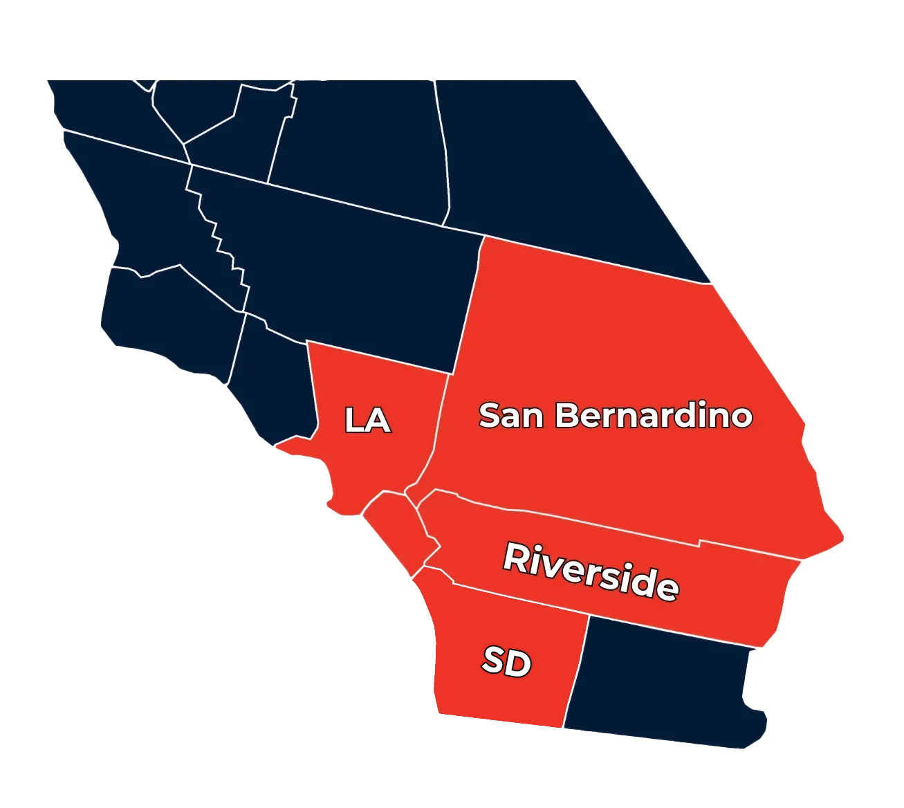 Map of California, highlighting in red the counties of Los Angeles, San Bernardino, Riverside, and San Diego.