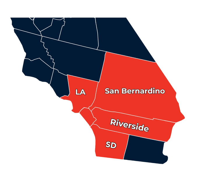 Map of California with Los Angeles, San Bernardino, and Riverside counties highlighted in red.