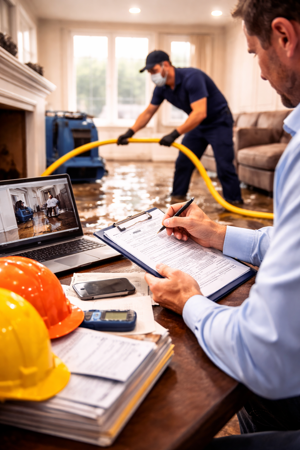 Blue blower and white dehumidifier in a room with black and white checkered floor, drying walls.