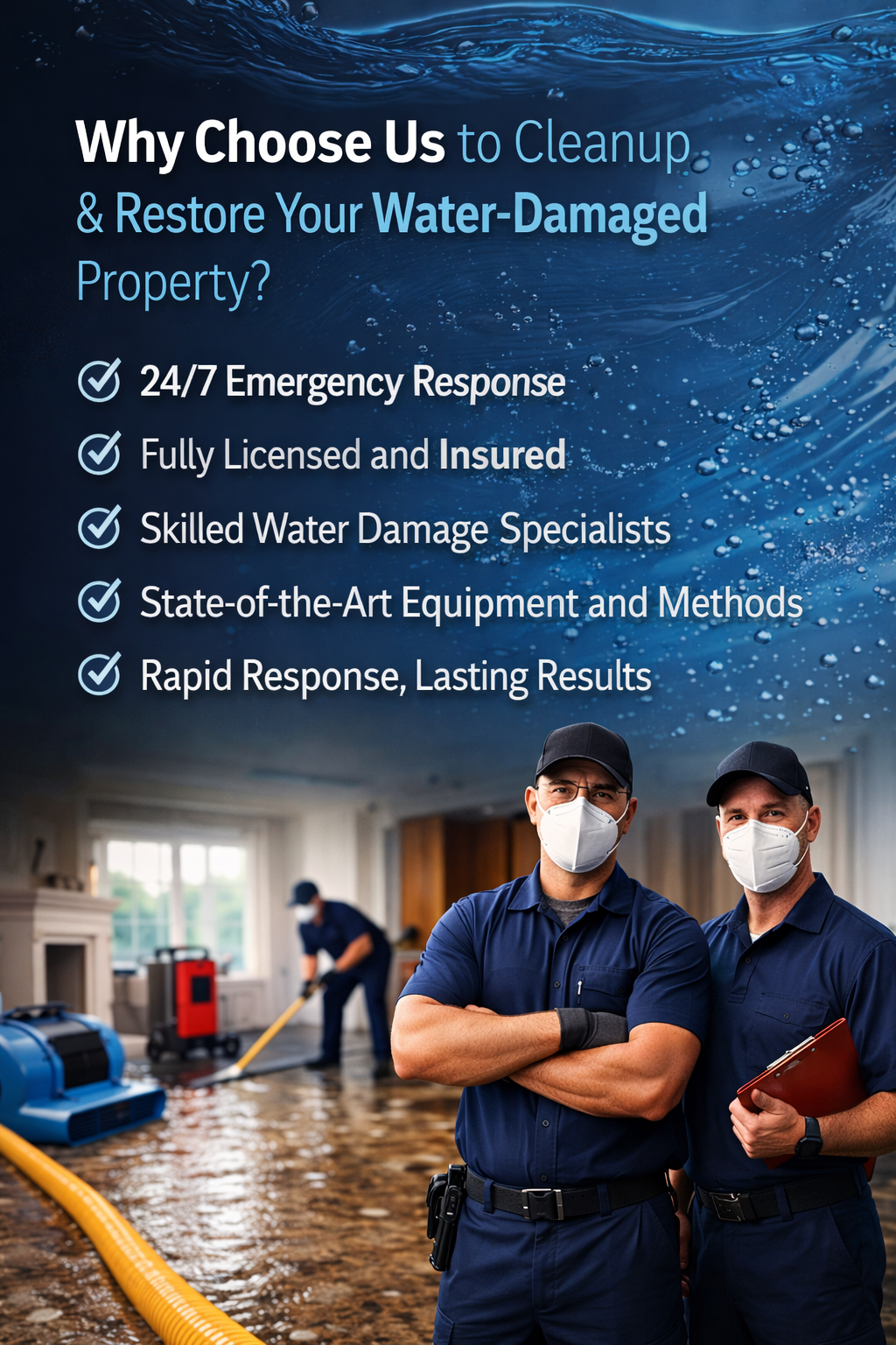 Man installing equipment to dry wet flooring in a room; yellow hoses and blue machines are visible.