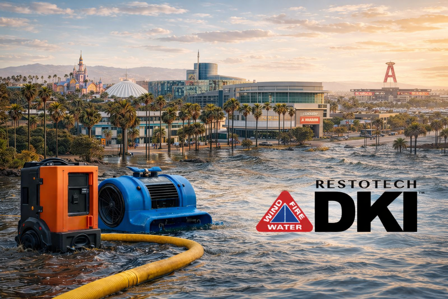 Flood water with Restotech DKI equipment in foreground, with Disneyland and other buildings in the distance.