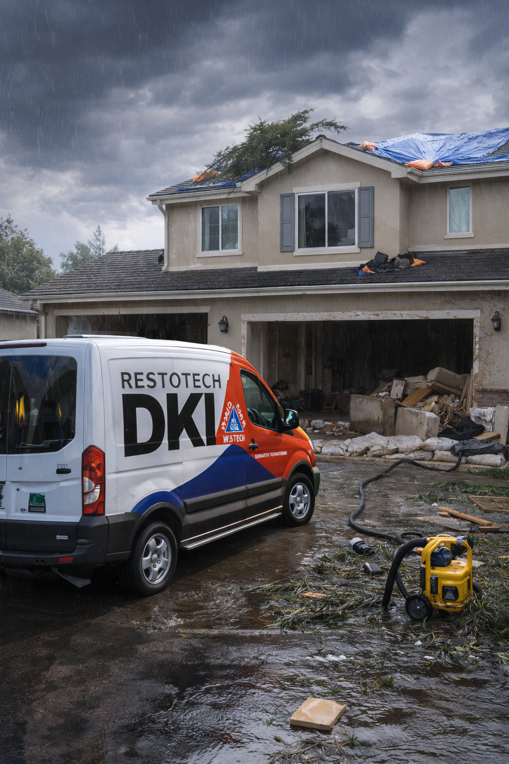 A white DKI Restorotech van driving on a street near the beach and pier under a blue sky.