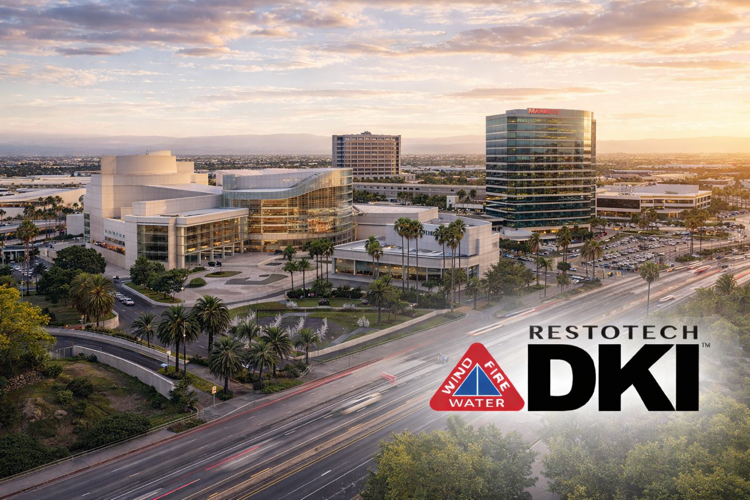 Flood water restoration equipment in flooded city with a gold-domed building in the background. Restotech DKI logo.